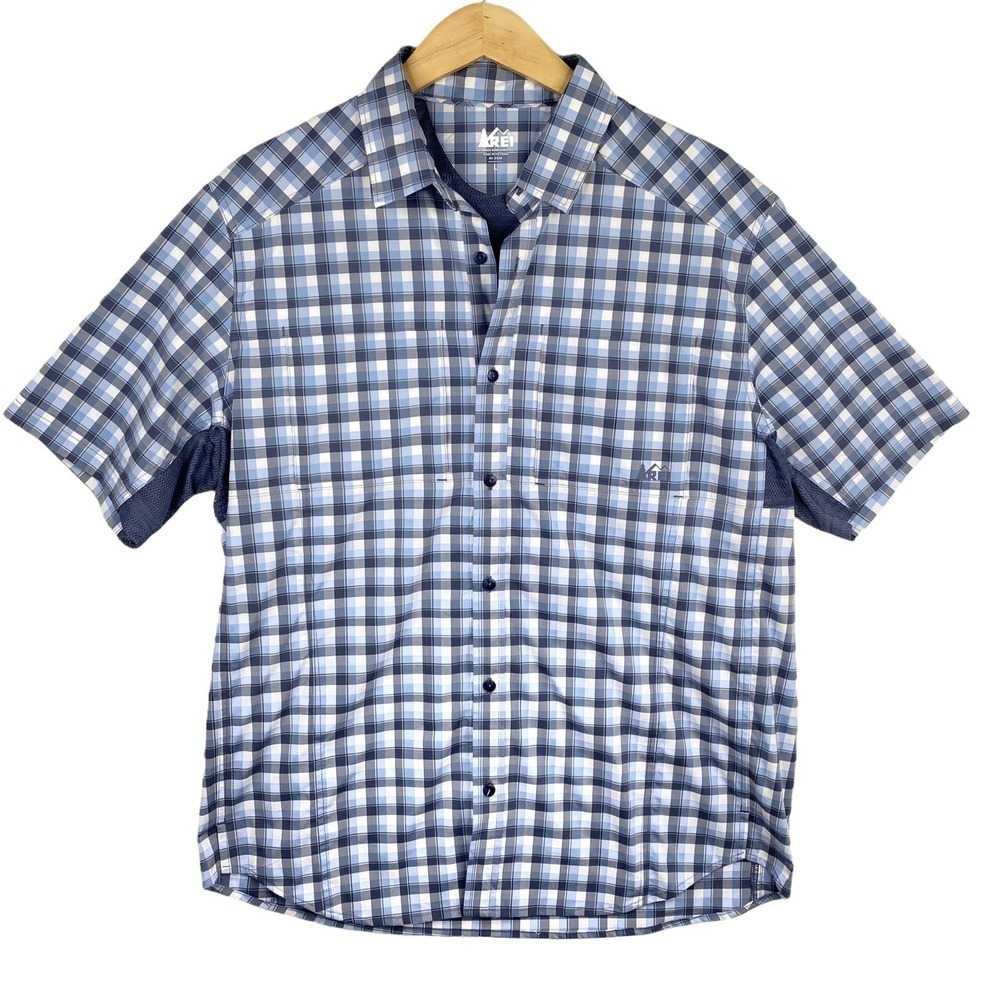 REI Blue Gray Plaid Check Print Short Sleeve Button Up Gorpcore Shirt Size Large
